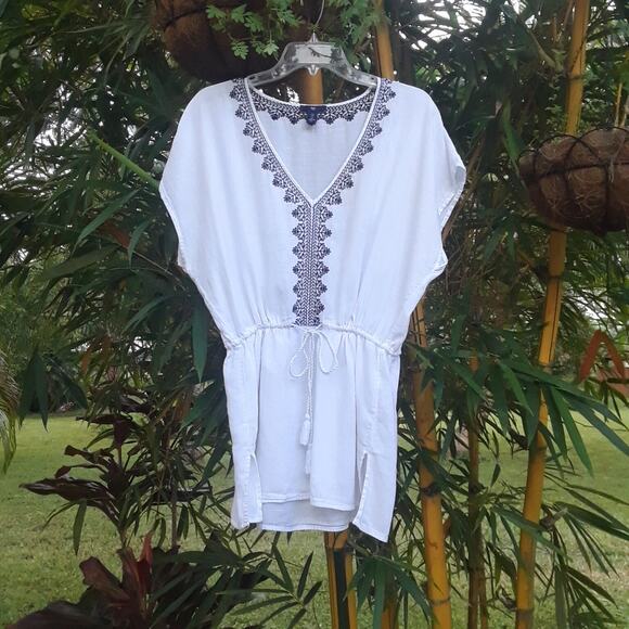 GAP Embroidered Tunic White Blue Cotton SZ S BOHO Blue Drawstring Short Sleeve - Picture 5 of 5